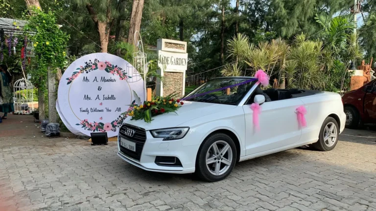 White Audi A3 Cabriolet open-top wedding car, Chennai