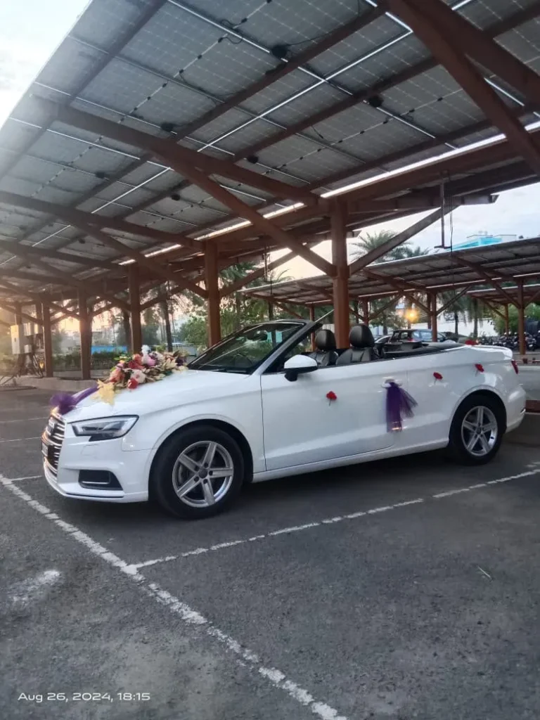 White Audi A3 Cabriolet open-top wedding car, Chennai