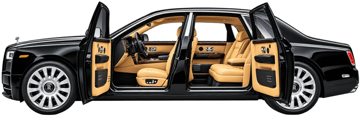 Rolls Royce with doors open showing the tan leather interior